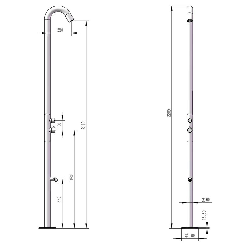 Doccia da giardino QUARTU in acciaio Inox 316, misure